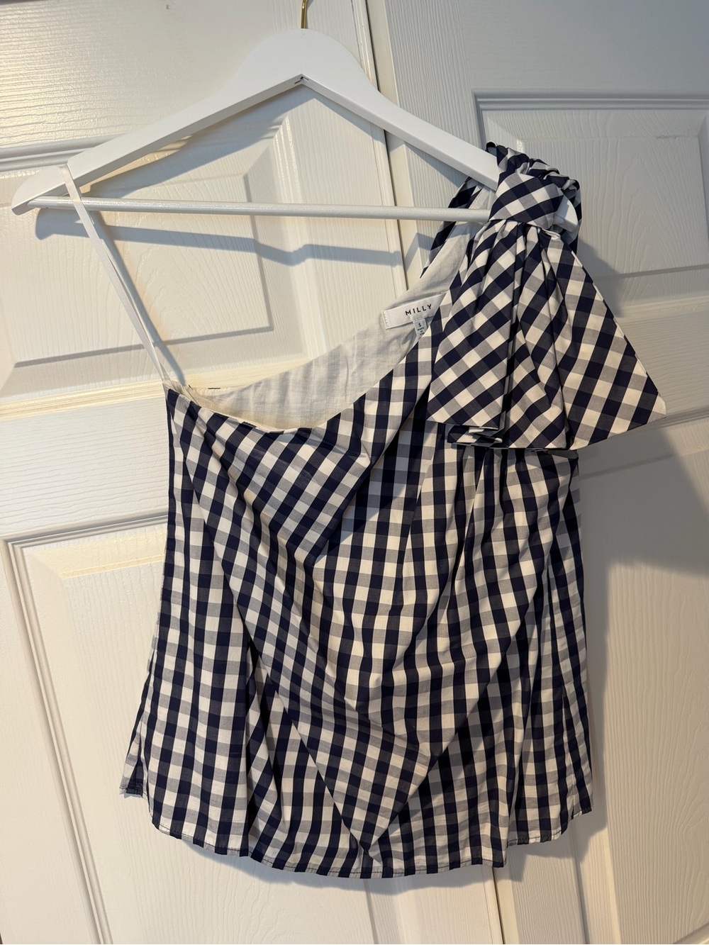 Milly One-Shoulder Navy and White Gingham Bow Top